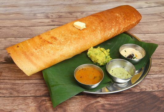 Masala Dosa - Rice Pan Cake served with Coconut sauce and sambhar curry